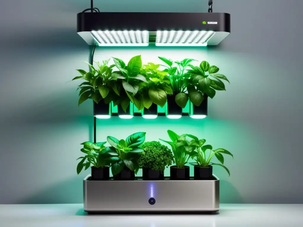 Un jardín hidropónico vertical con tecnología innovadora, luces LED y plantas verdes vibrantes en un entorno futurista