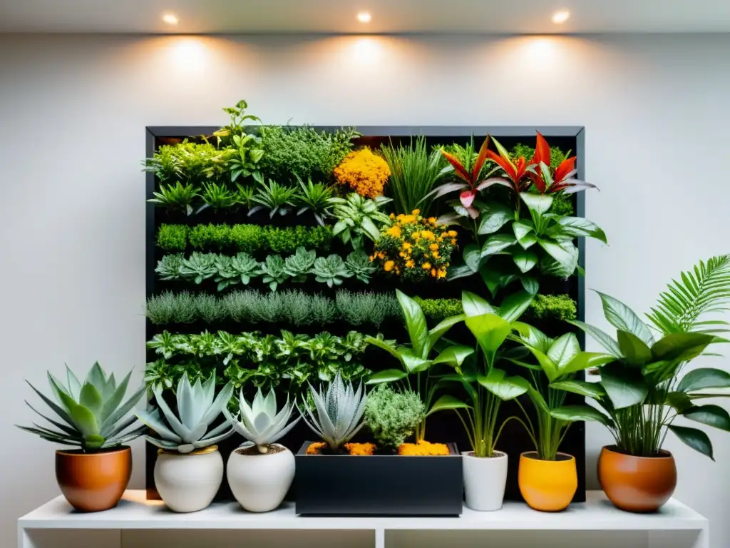 Jardín vertical temático con especias exóticas en espacio moderno y minimalista