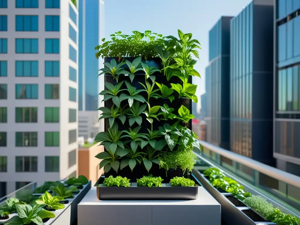 Un jardín vertical de acuaponía urbana con plantas exuberantes, integrado perfectamente en el entorno urbano moderno