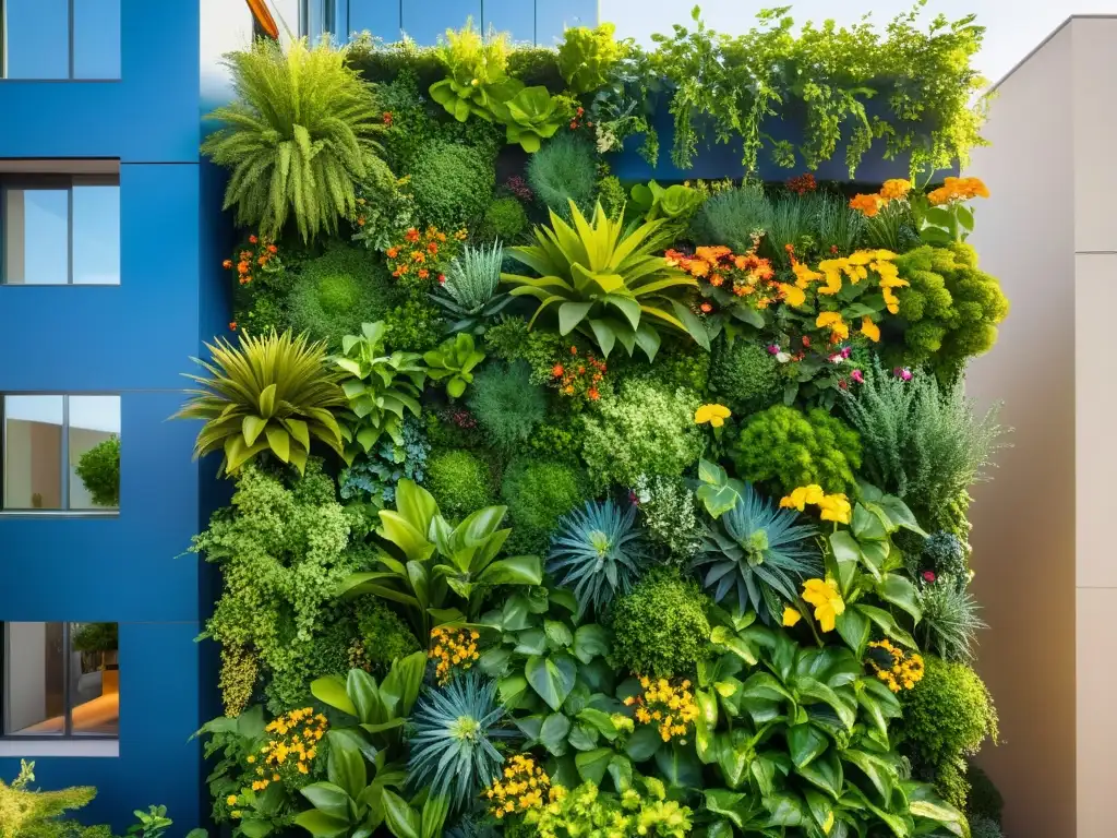 Un jardín vertical urbano bañado por la suave luz dorada, con plantas verdes y flores vibrantes en un patrón intricado