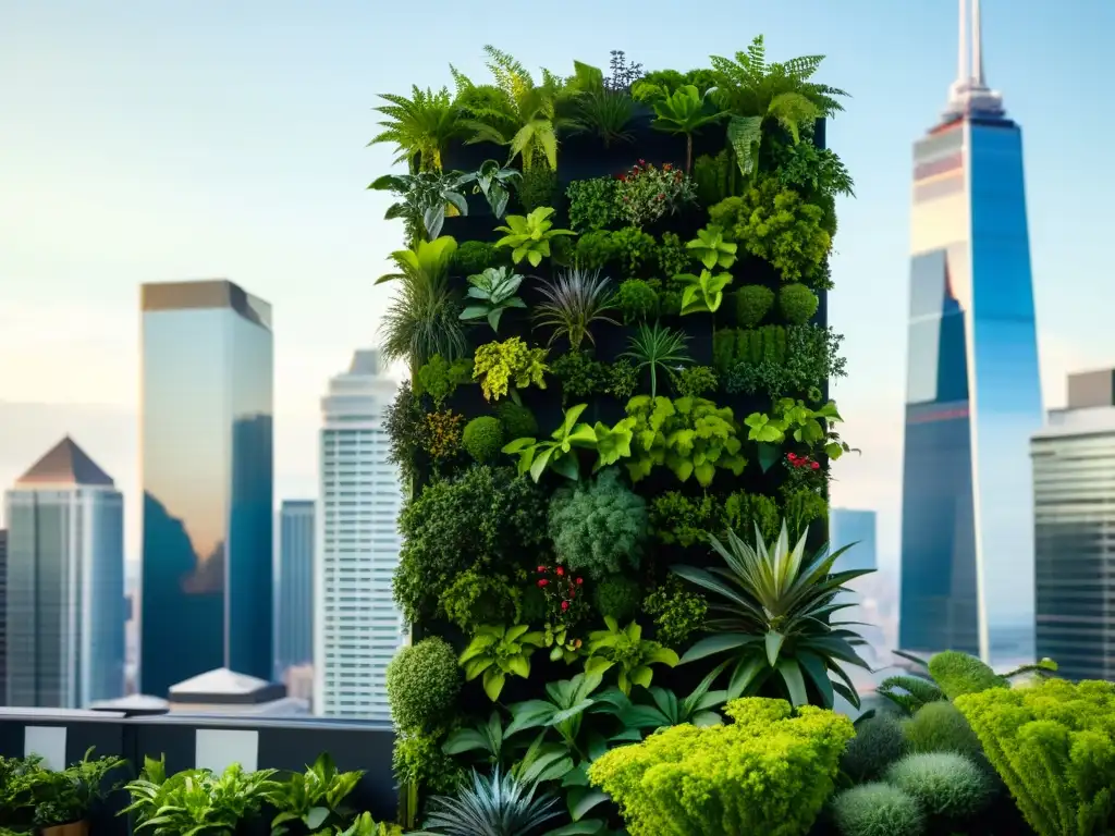 Un jardín vertical urbano con beneficios huertos verticales urbanos, mostrando una innovadora y exuberante instalación en la ciudad