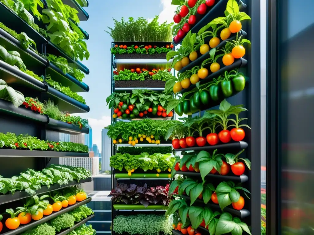 Un jardín vertical urbano muestra cultivo vertical de variedades nutritivas en armonía con la arquitectura urbana