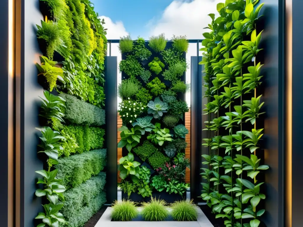 Un jardín vertical urbano de diseño innovador y eficiente, mostrando la belleza de la economía circular y los huertos urbanos