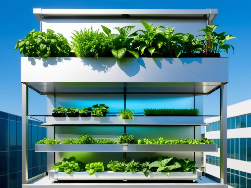 Un jardín acuapónico vertical urbano con diseño moderno y plantas exuberantes, capturando la innovación del huerto acuapónico vertical urbano