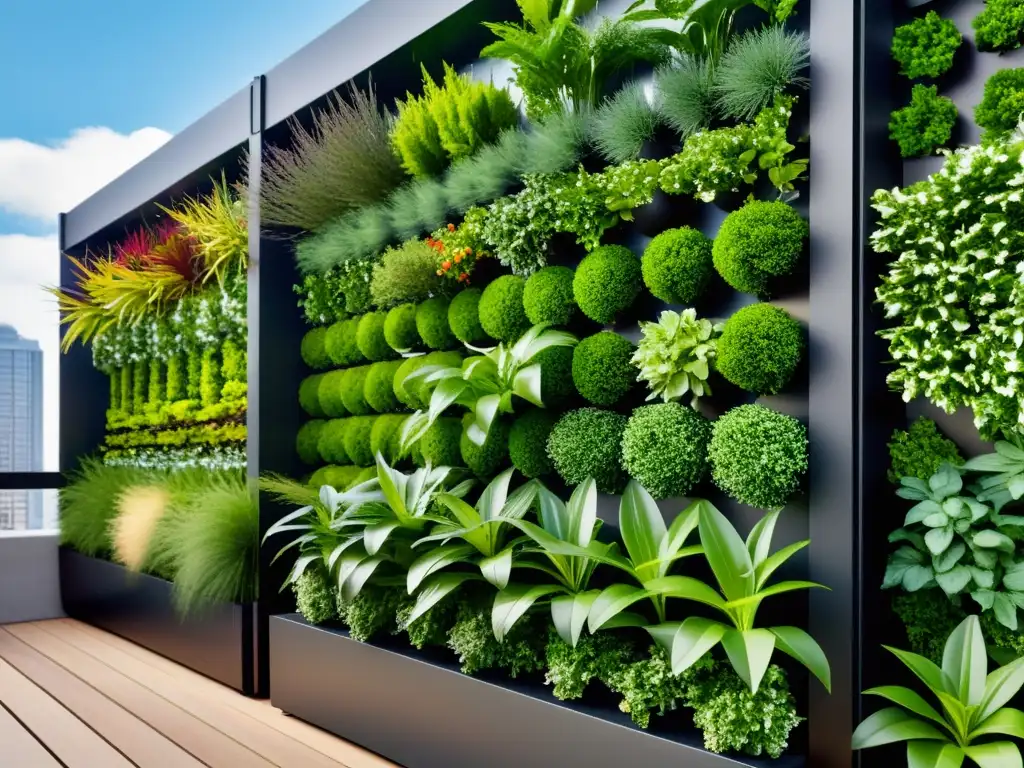 Un jardín vertical urbano de diseño moderno y plantas vibrantes, ideal para cultivar en espacios urbanos verticales