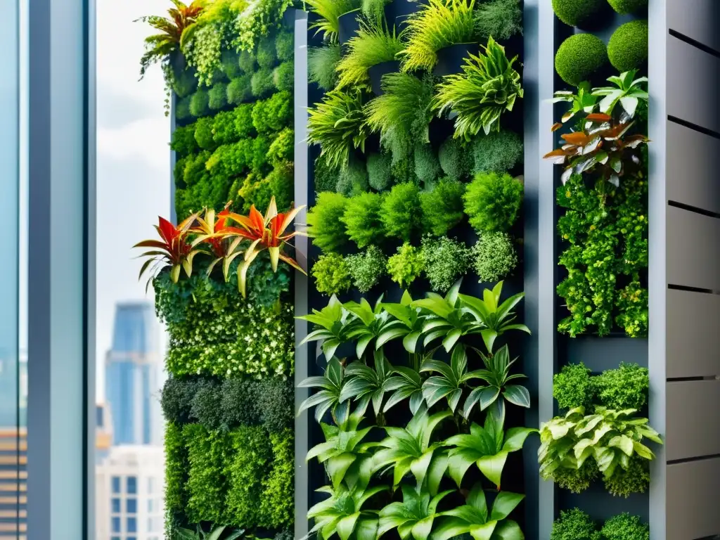 Un jardín vertical urbano con diseño modular y plantas exuberantes