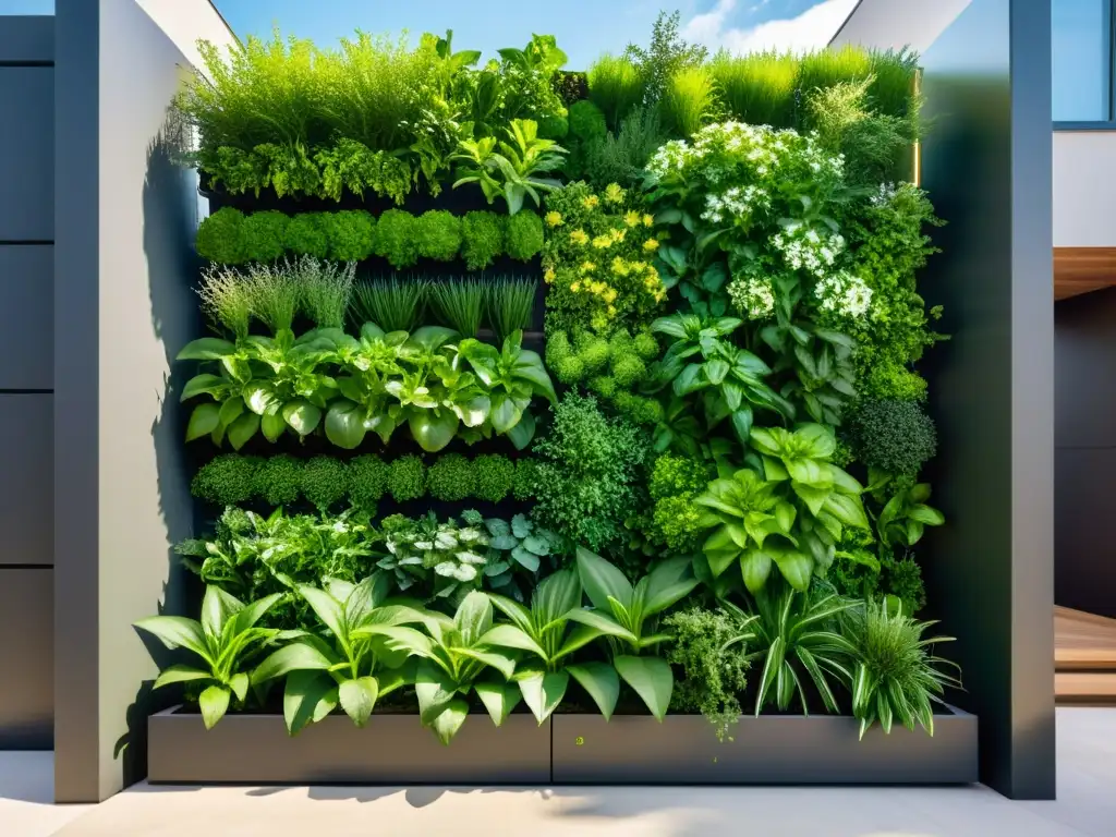 Un jardín vertical urbano de diseño sofisticado con plantas vibrantes