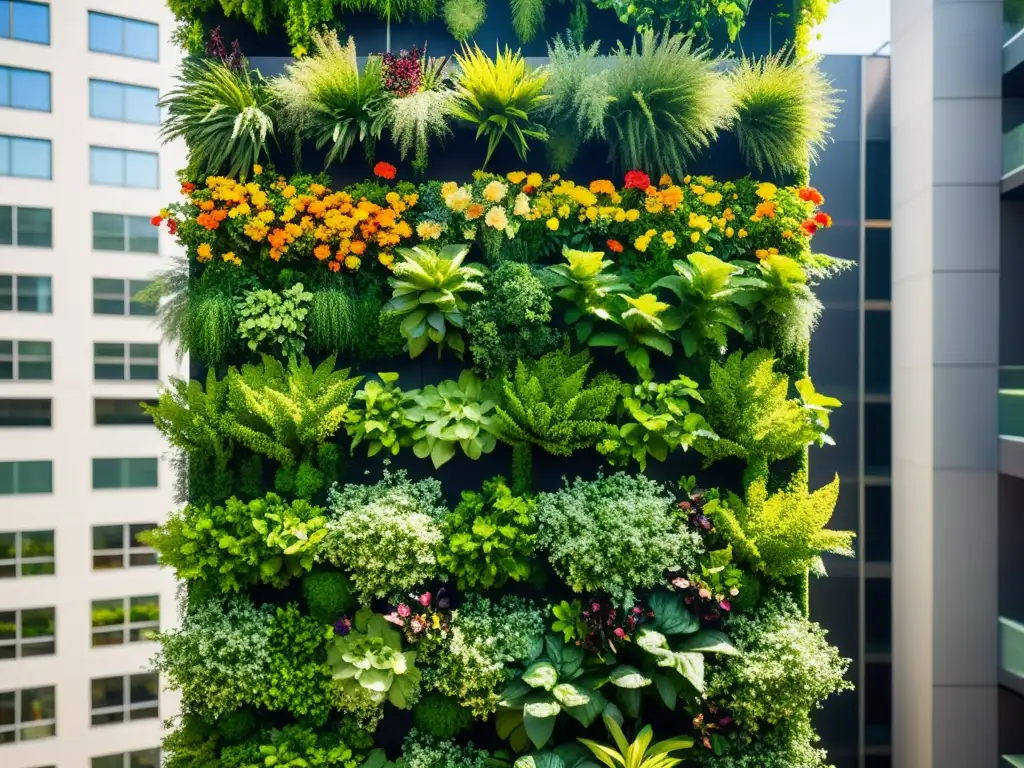 Un jardín vertical urbano exuberante, lleno de vida y color, proyecta armonía con la naturaleza y la sostenibilidad