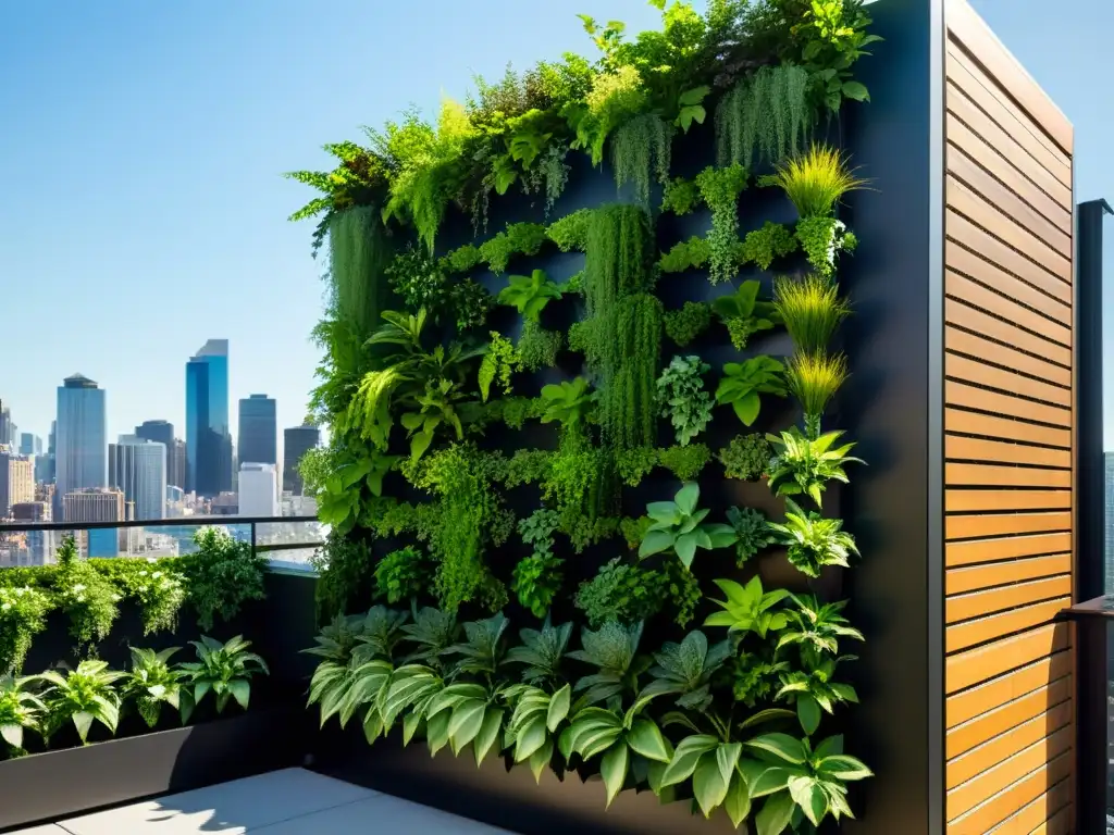 Un jardín vertical urbano con vegetación exuberante, creando un muro vivo sostenible