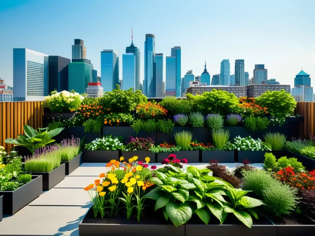 Un jardín vertical urbano exuberante y vibrante, con la ciudad de fondo