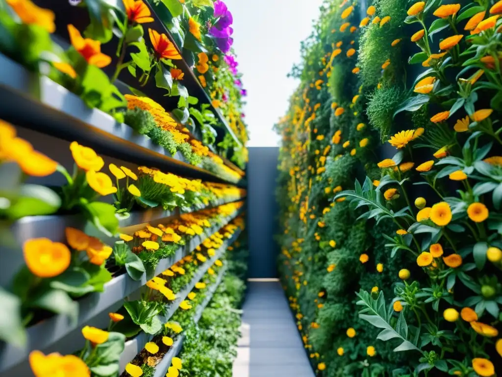 Un jardín vertical urbano con flores comestibles en foco, bañado por luz suave