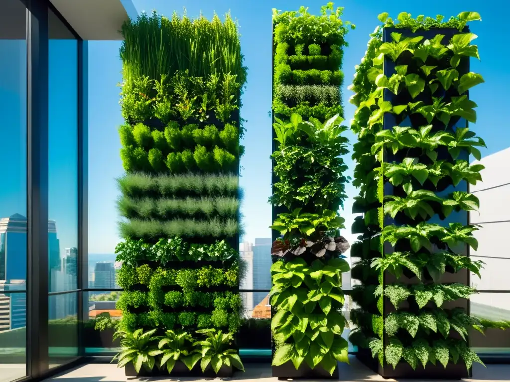 Un jardín vertical urbano futurista con sistemas avanzados de hidroponía y acuaponía