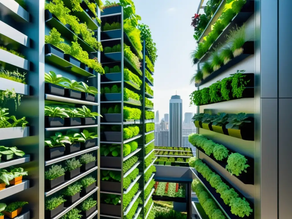 Un jardín vertical urbano futurista con tecnología de automatización, vibrante y lleno de vegetación exuberante