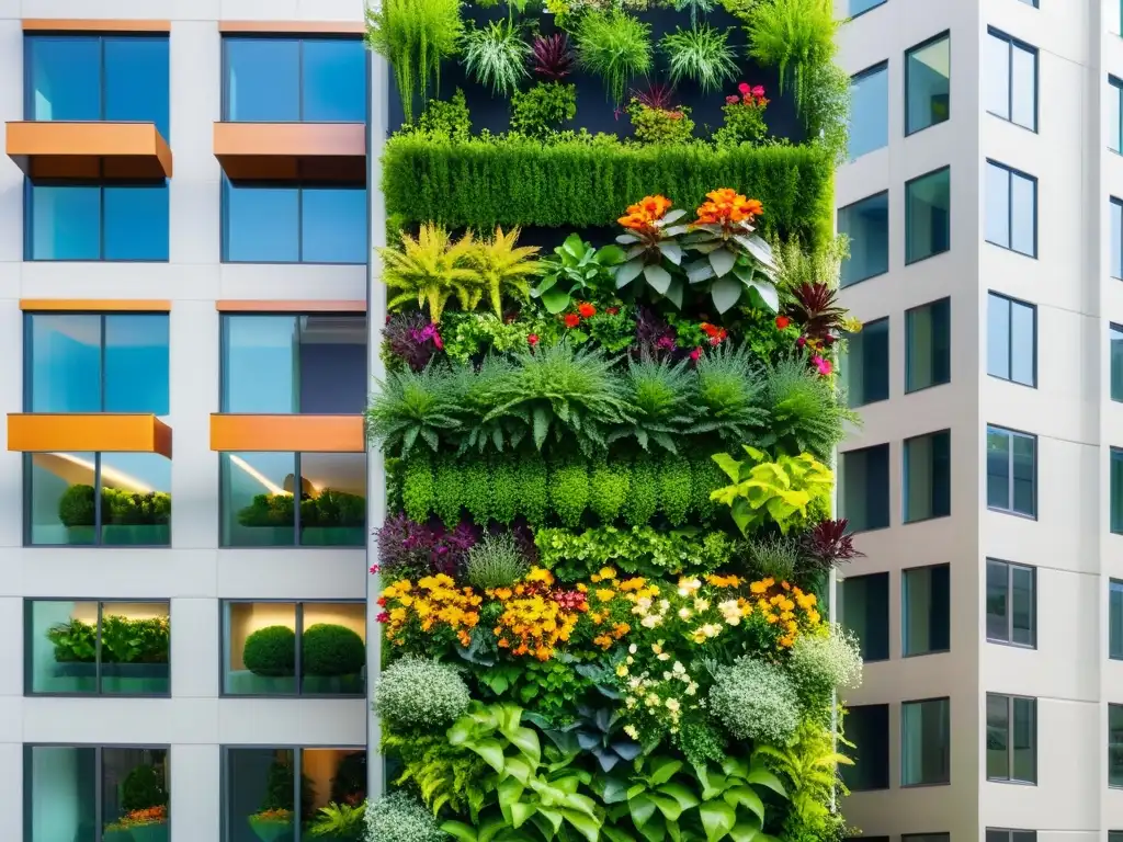 Un jardín vertical urbano con ideas creativas, lleno de plantas exuberantes y flores vibrantes, iluminado suavemente