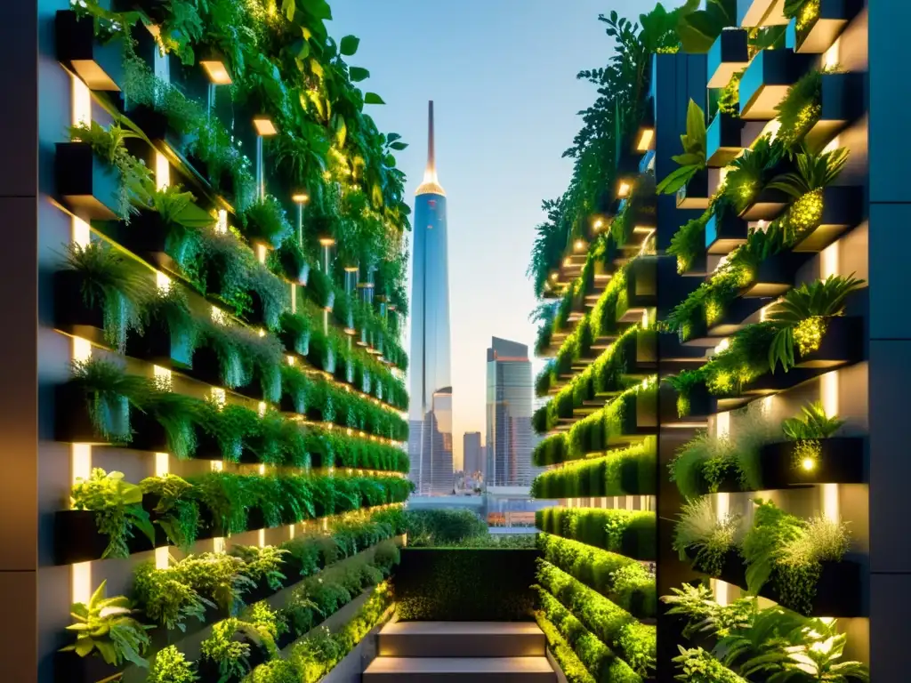 Un jardín vertical urbano iluminado por tecnología solar, con exuberante vegetación y diseño moderno, integrando naturaleza y tecnología en la ciudad