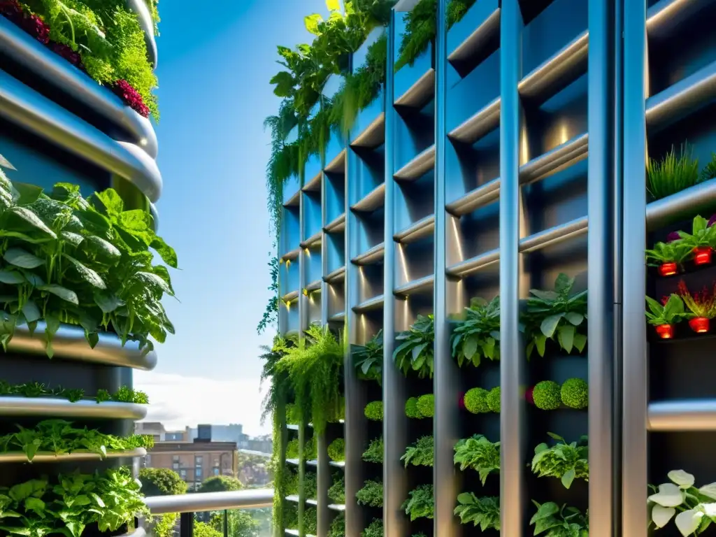 Un jardín vertical urbano impresionante con acuaponía en huertos verticales urbanos, rebosante de exuberante vegetación verde y diseño innovador