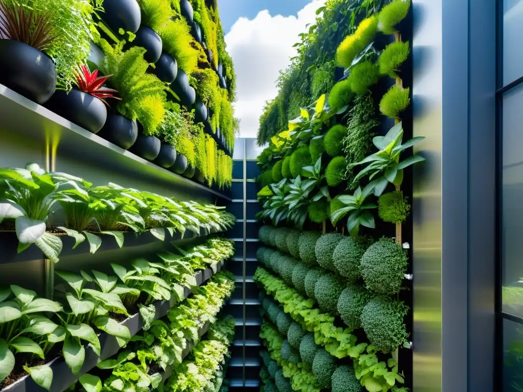 Un jardín vertical urbano impresionante, lleno de plantas verdes vibrantes con un sofisticado sistema de acuaponía, iluminado por la luz solar