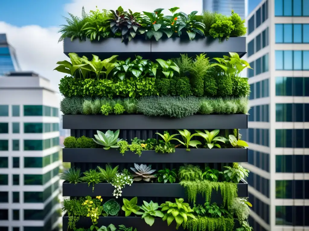 Un jardín vertical urbano innovador y rentable, con exuberantes plantas en contraste con la ciudad