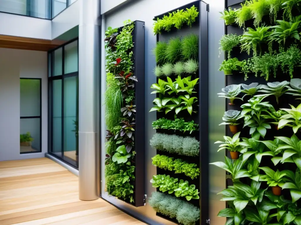 Un jardín vertical urbano innovador y vibrante con un sistema de aquaponía, fusionando agricultura y acuicultura en un entorno sostenible, evocando la fermentación en la cocina urbana