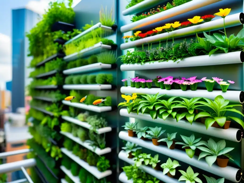 Un jardín vertical urbano innovador y vibrante, resaltando la importancia de la biodiversidad en la agricultura urbana