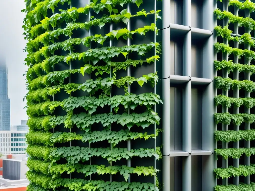 Un jardín vertical urbano muestra la integración armoniosa de la naturaleza en la ciudad, resaltando las ventajas de huertos verticales urbanos