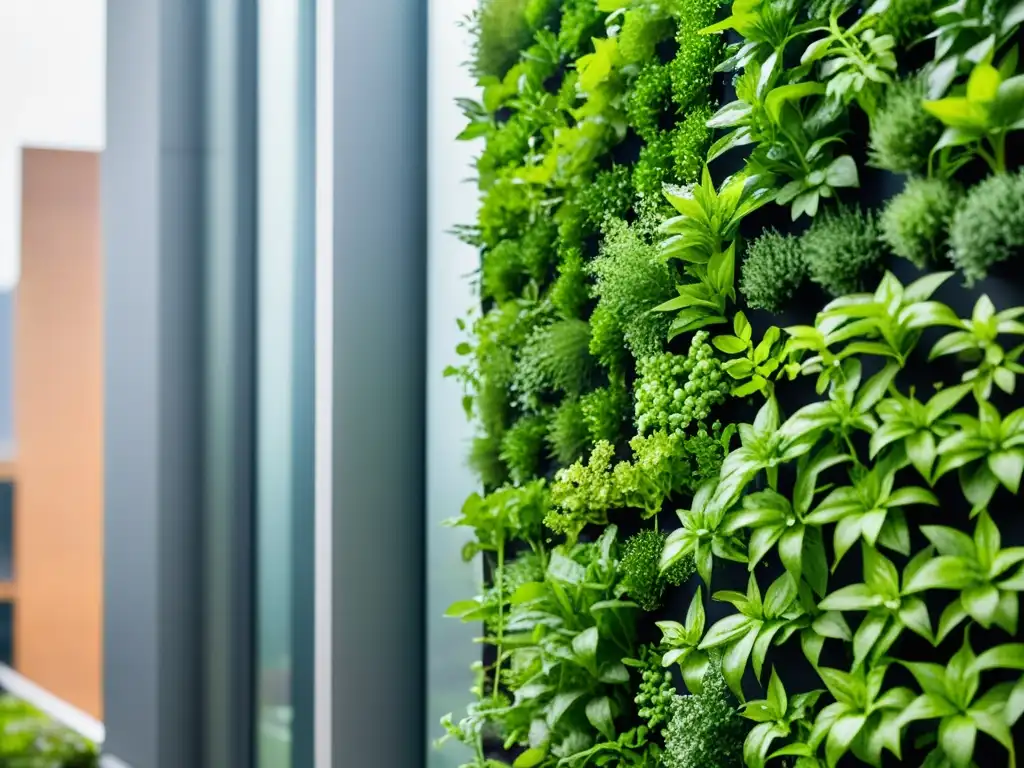 Un jardín vertical urbano lleno de hierbas y vegetales frescos, con gotas de agua brillando en las hojas