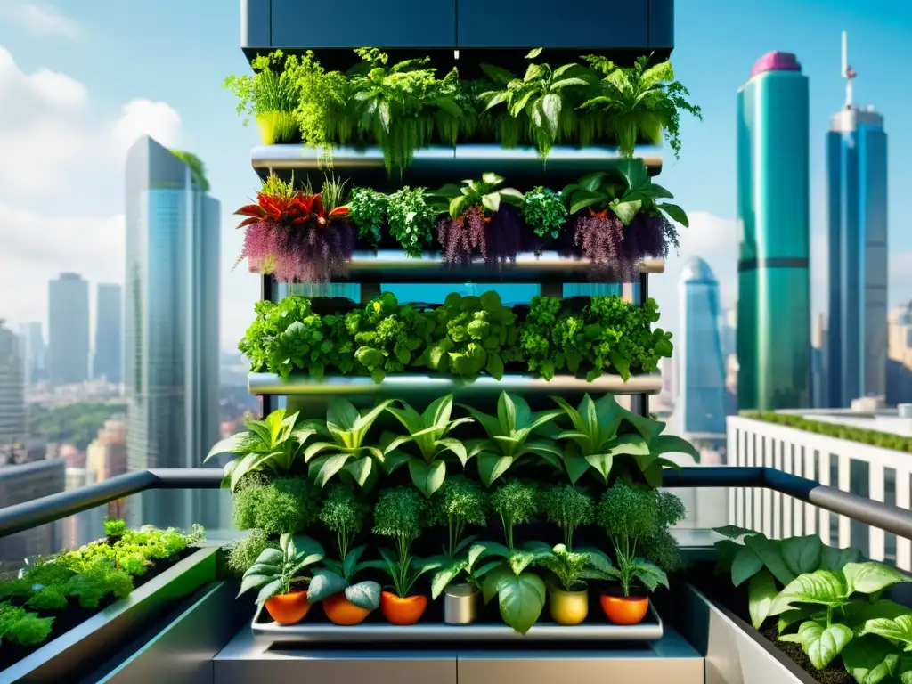 Un jardín vertical urbano lleno de plantas exuberantes y vegetales coloridos, con tecnología de automatización integrada