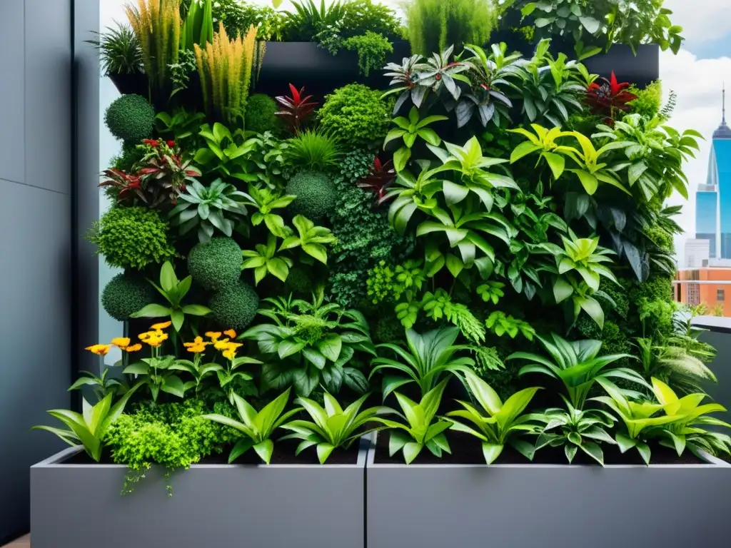 Un jardín vertical urbano lleno de plantas exuberantes y coloridas, destacado por la arquitectura moderna