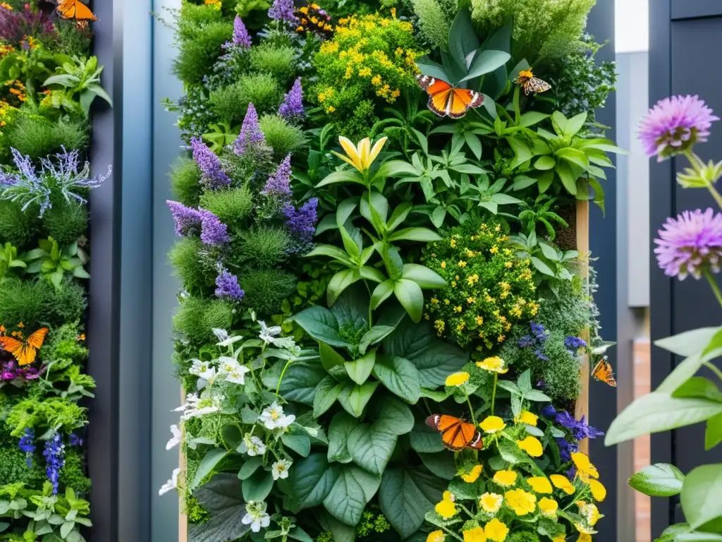 Jardín vertical urbano lleno de vida, polinización en jardines verticales urbanos, con plantas, flores y polinizadores en medio de la ciudad