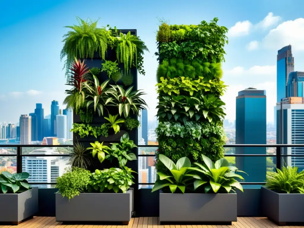 Un jardín vertical urbano con las mejores sustratos para huerto urbano, destaca entre la ciudad con exuberante vegetación y diseño innovador