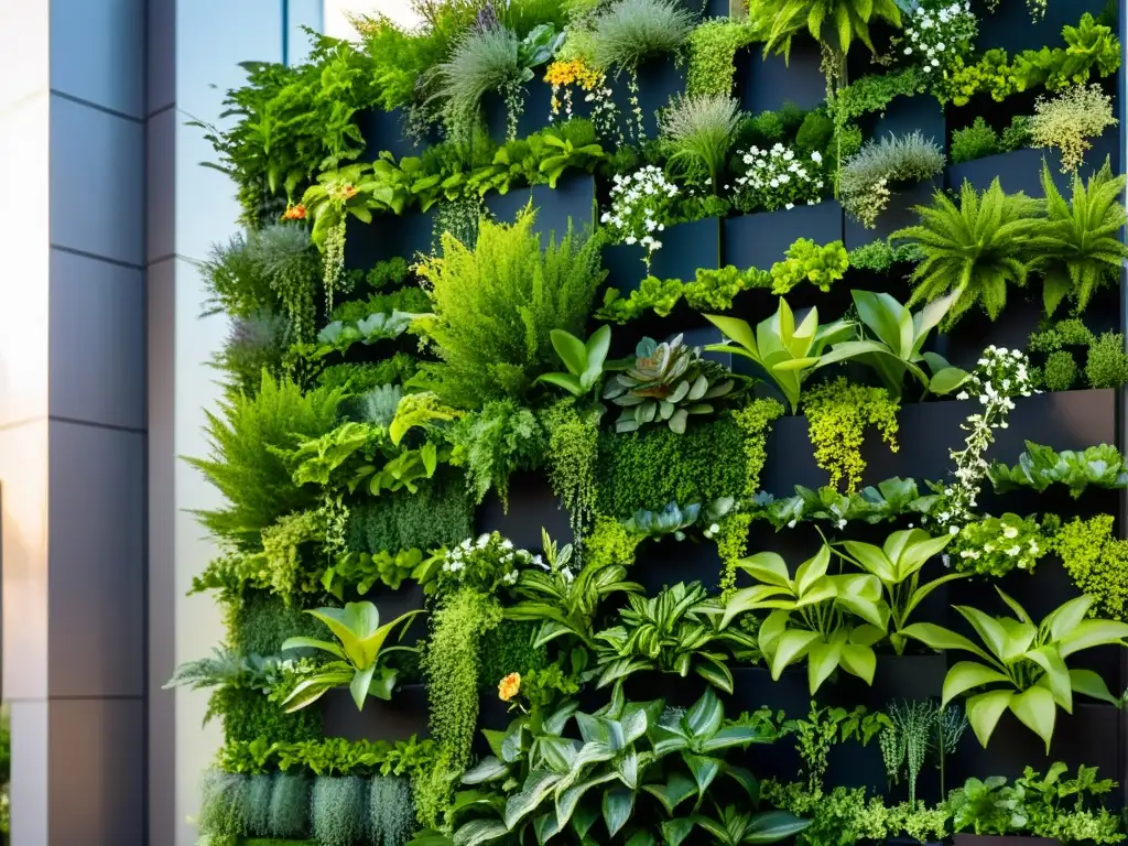 Un jardín vertical urbano moderno muestra los beneficios de huertos verticales urbanos con una variedad de plantas en cascada