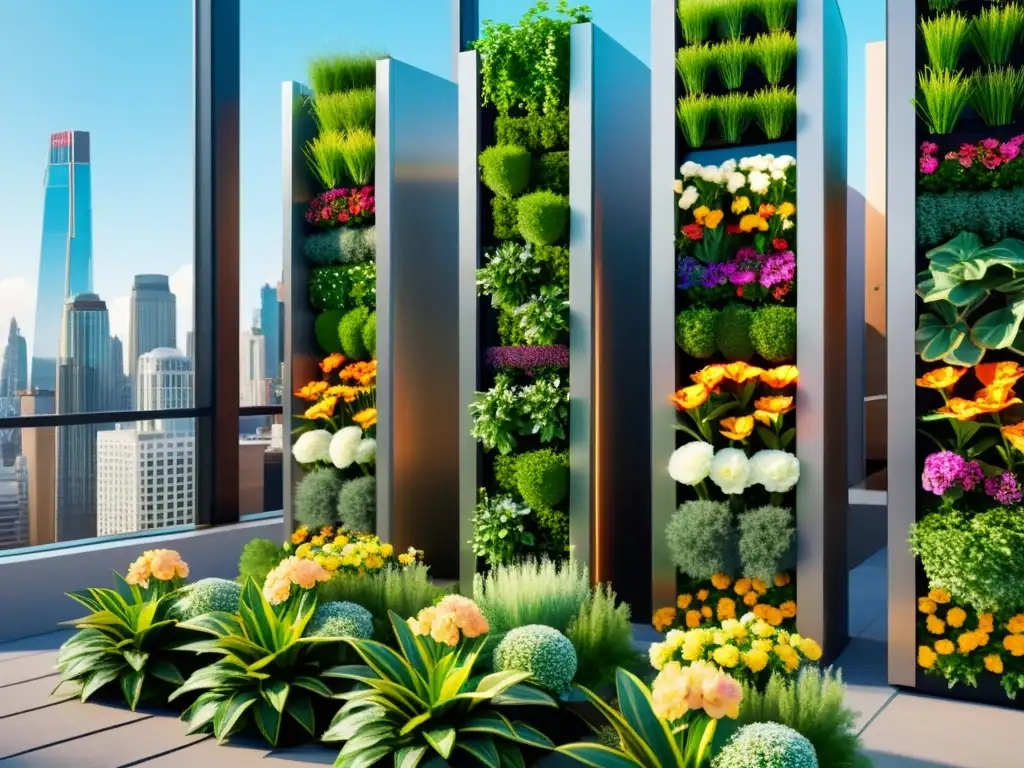 Un jardín vertical urbano moderno con diseño innovador y vibrante vegetación