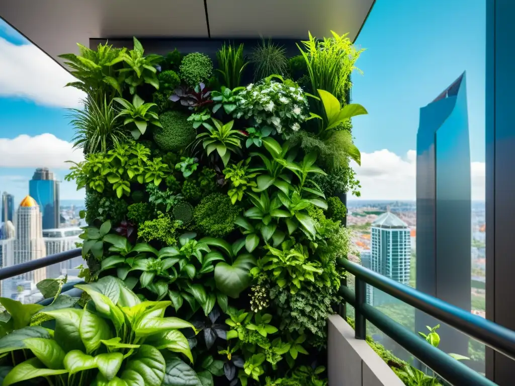 Un jardín vertical urbano moderno y elegante con plantas exuberantes, perfecto para el marketing para huertos verticales urbanos