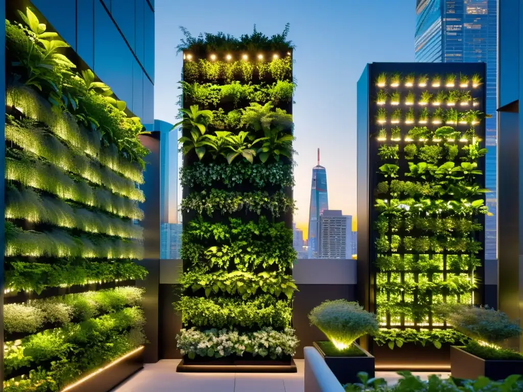 Un jardín vertical urbano moderno y elegante con tecnología de vanguardia y vibrantes plantas verdes, iluminado por luces LED