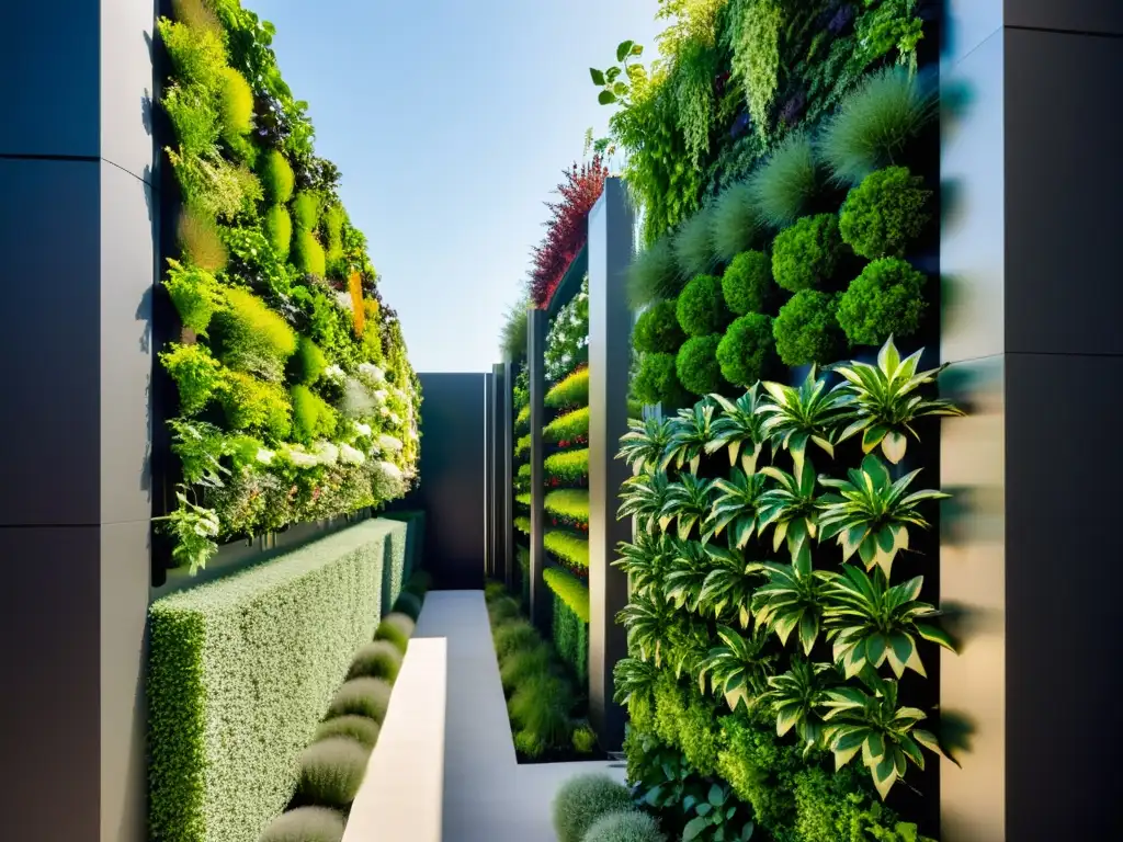 Un jardín vertical urbano moderno y elegante, integrado perfectamente en el paisaje urbano