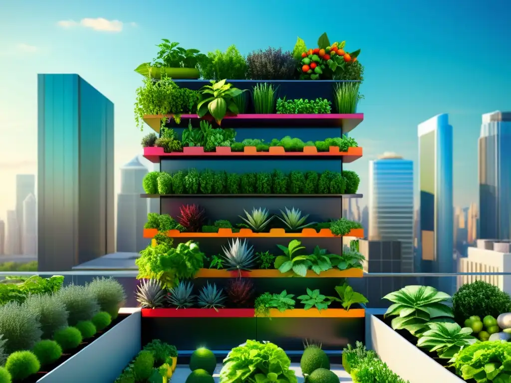 Un jardín vertical urbano moderno con frutas, verduras y hierbas en un diseño futurista, integrando espacios verdes en la ciudad