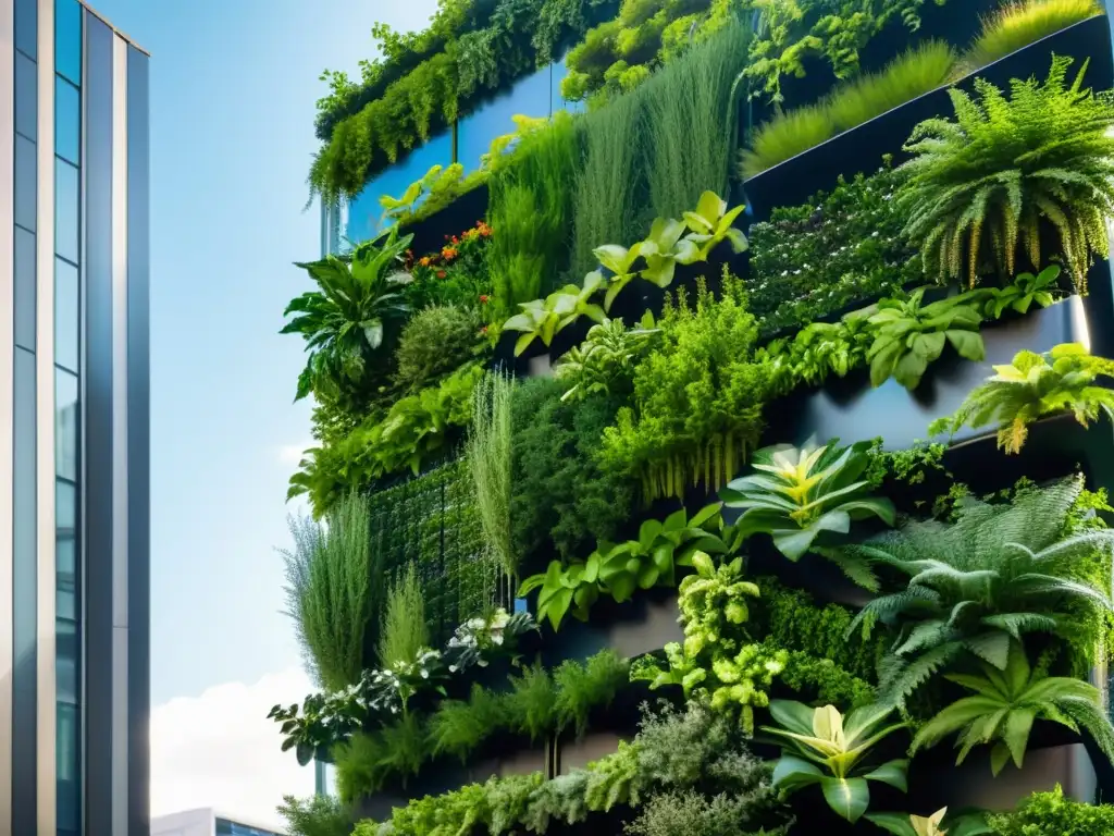 Un jardín vertical urbano moderno con plantas exuberantes integradas en un diseño futurista