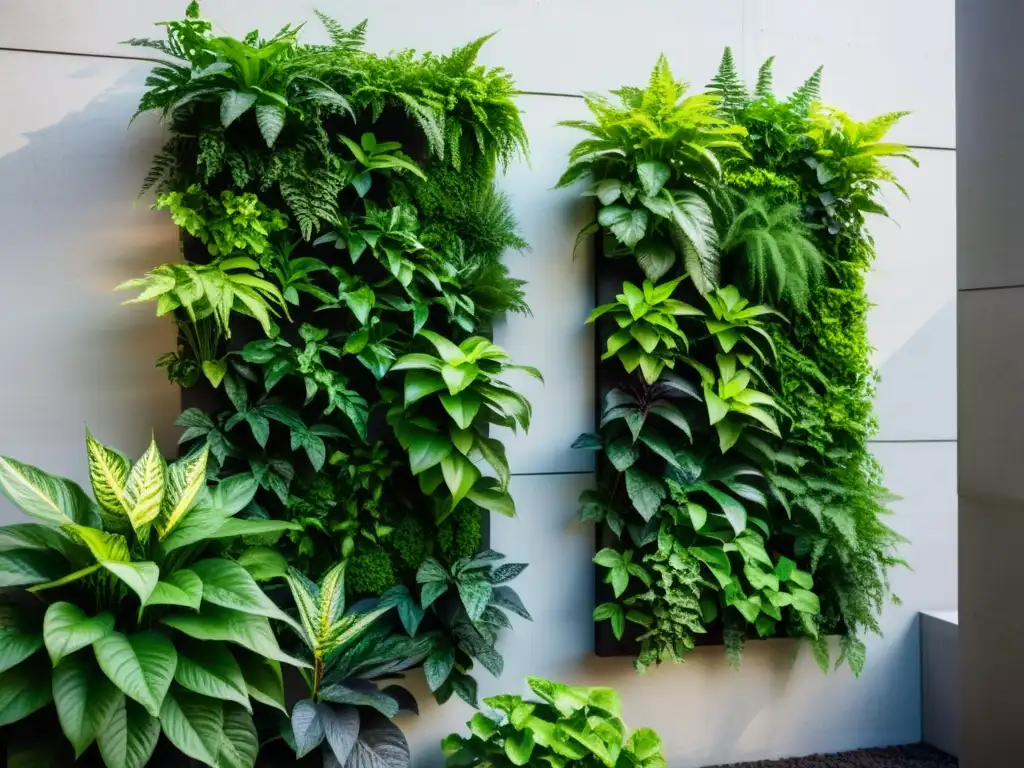 Un jardín vertical urbano moderno con plantas ideales para cultivos verticales, en maceteros escalonados contra un elegante fondo de concreto