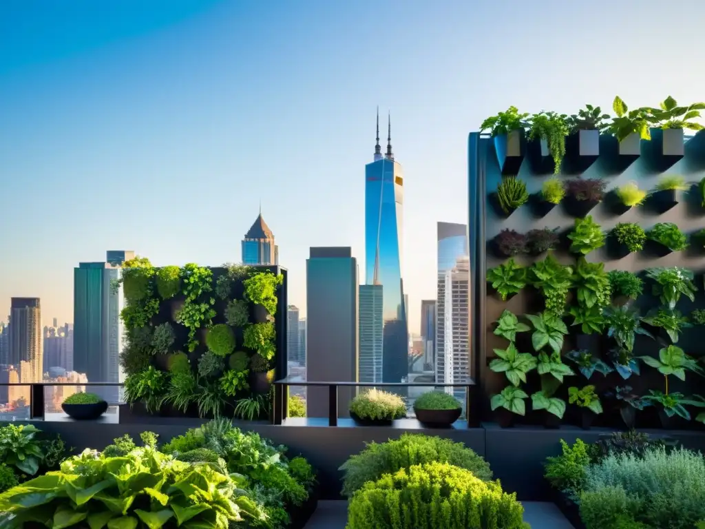 Un jardín vertical urbano moderno con plantas exuberantes en macetas metálicas altas, contrastando con el paisaje urbano