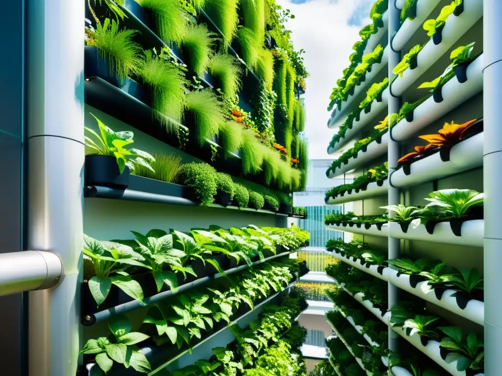 Un jardín vertical urbano moderno con plantas exuberantes, un sistema acuapónico y beneficios para la reducción del estrés