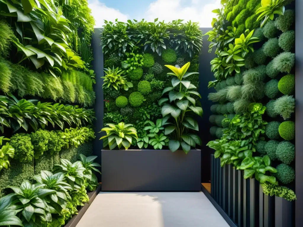 Un jardín vertical urbano moderno con plantas exuberantes y fertilizantes para huertos verticales urbanos, bañado por la cálida luz del sol