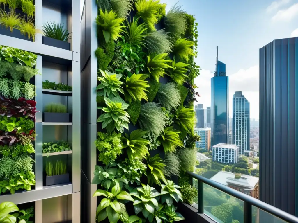 Un jardín vertical urbano moderno y sofisticado, con plantas vibrantes, integrando la naturaleza en la ciudad