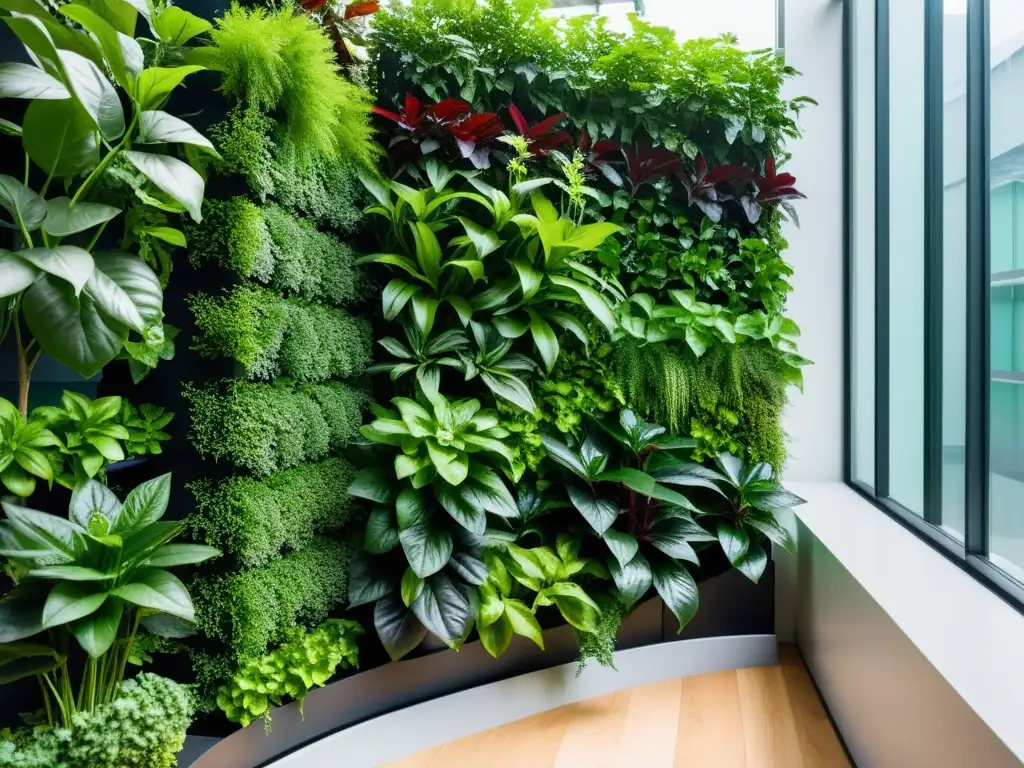 Un jardín vertical urbano moderno con soluciones innovadoras para la seguridad alimentaria urbana, evocando crecimiento y sostenibilidad