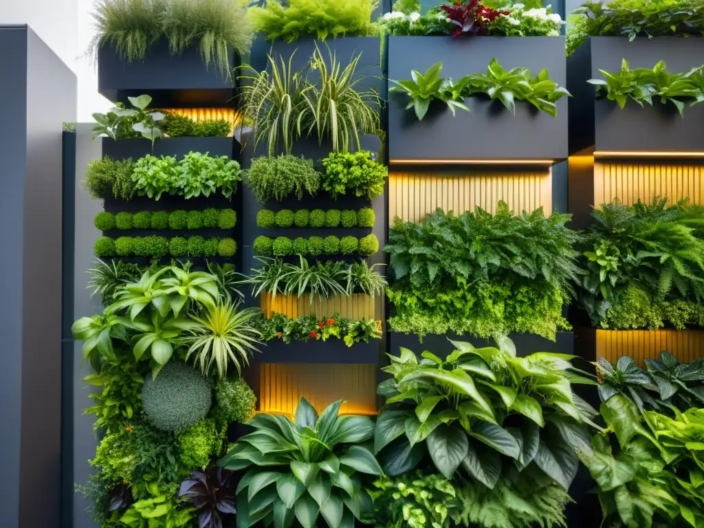 Un jardín vertical urbano, moderno y vibrante con detalles intrincados, complementando la agricultura urbana colaborativa y huertos verticales