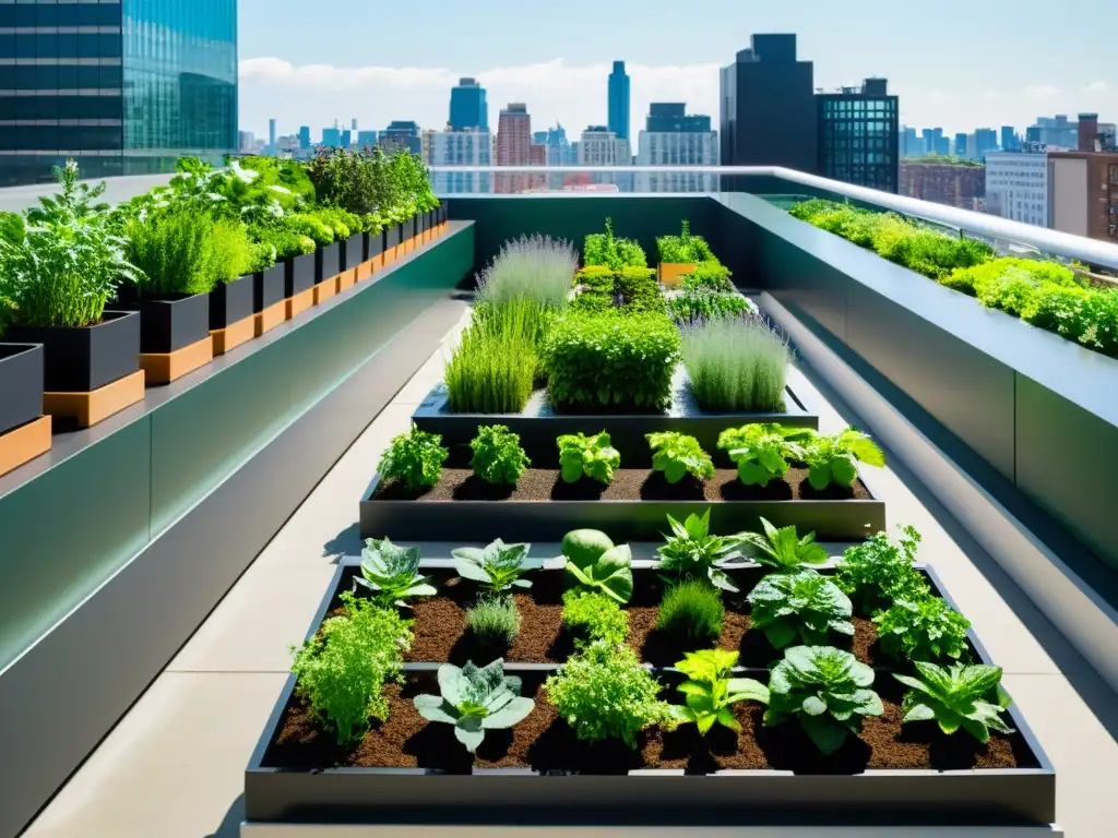 Un jardín vertical urbano moderno y vibrante, con huertos verticales modulares contribuyendo a la seguridad alimentaria urbana