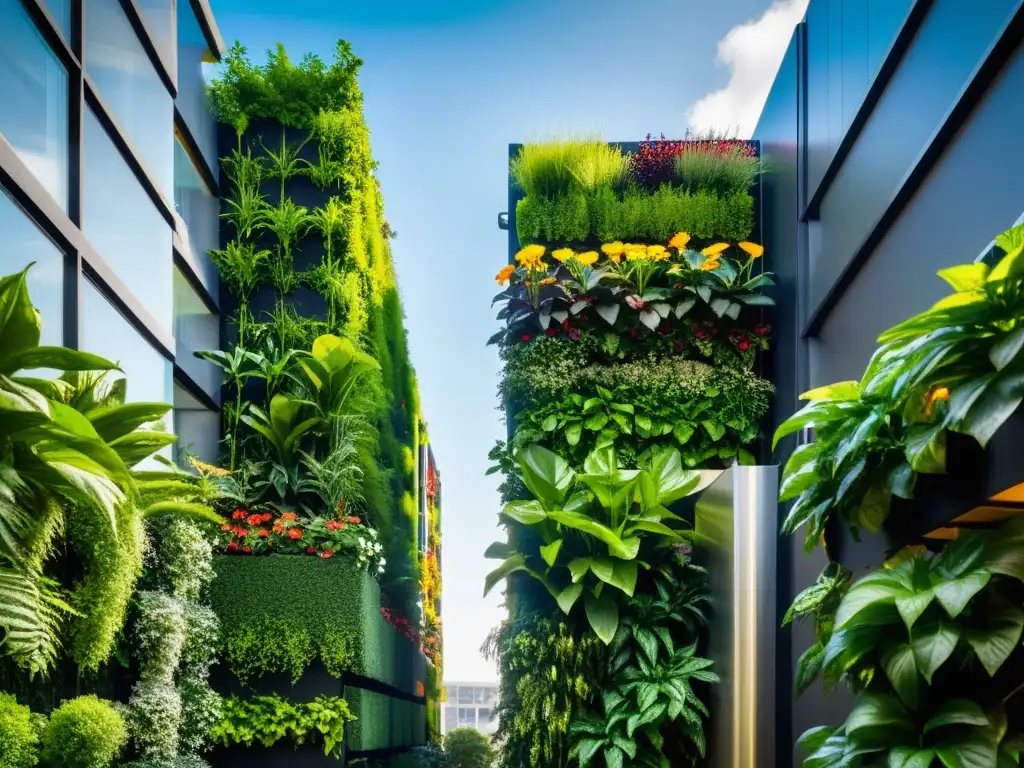 Un jardín vertical urbano moderno y vibrante, destacando los beneficios de los huertos verticales urbanos