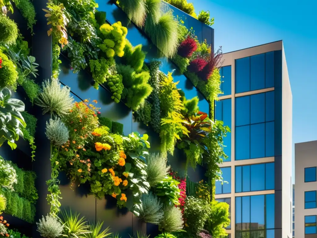 Un jardín vertical urbano moderno y vibrante, con plantas exuberantes y coloridas, destacando la capacitación en huertos verticales urbanos