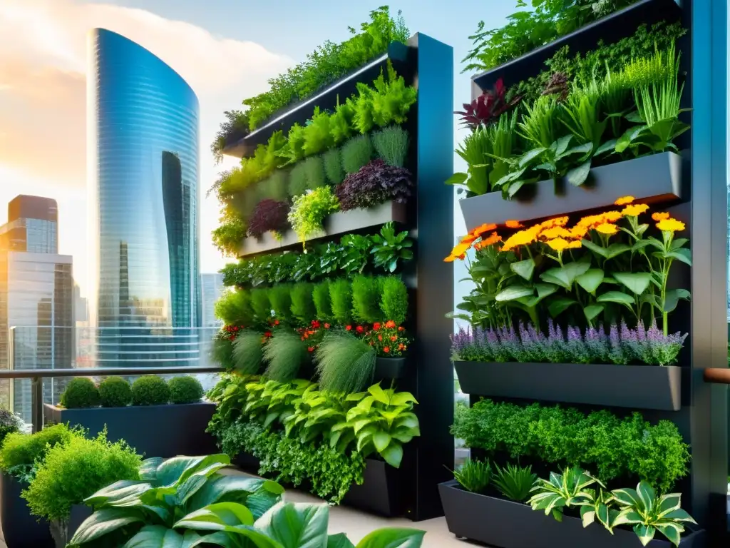 Un jardín vertical urbano moderno y vibrante, capturando la esencia de la capacitación en huertos verticales urbanos en la ciudad