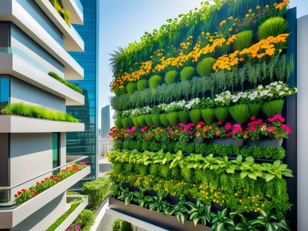 Un jardín vertical urbano moderno y vibrante en contraste con la ciudad, mostrando los beneficios psicológicos de los huertos verticales urbanos