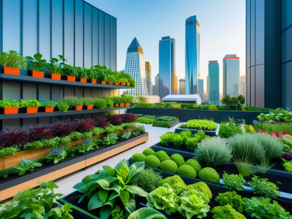 Un jardín vertical urbano moderno y vibrante rodeado de rascacielos, inspirando emprendimiento con huertos verticales urbanos